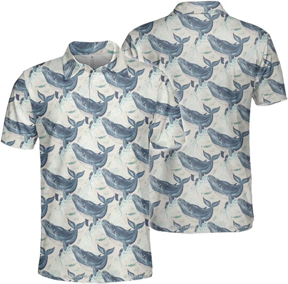 Whale Polo Shirts for Men - Marine Stylish Mens Goft Shirt Casual Short Sleeve Button Down Outfit Set 18