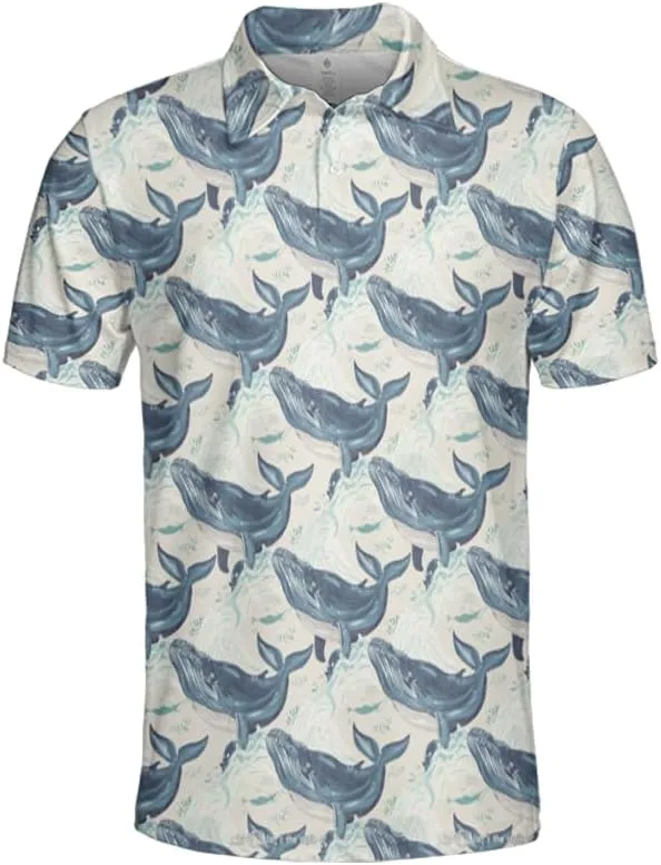Whale Polo Shirts for Men - Marine Stylish Mens Goft Shirt Casual Short Sleeve Button Down Outfit Set 18