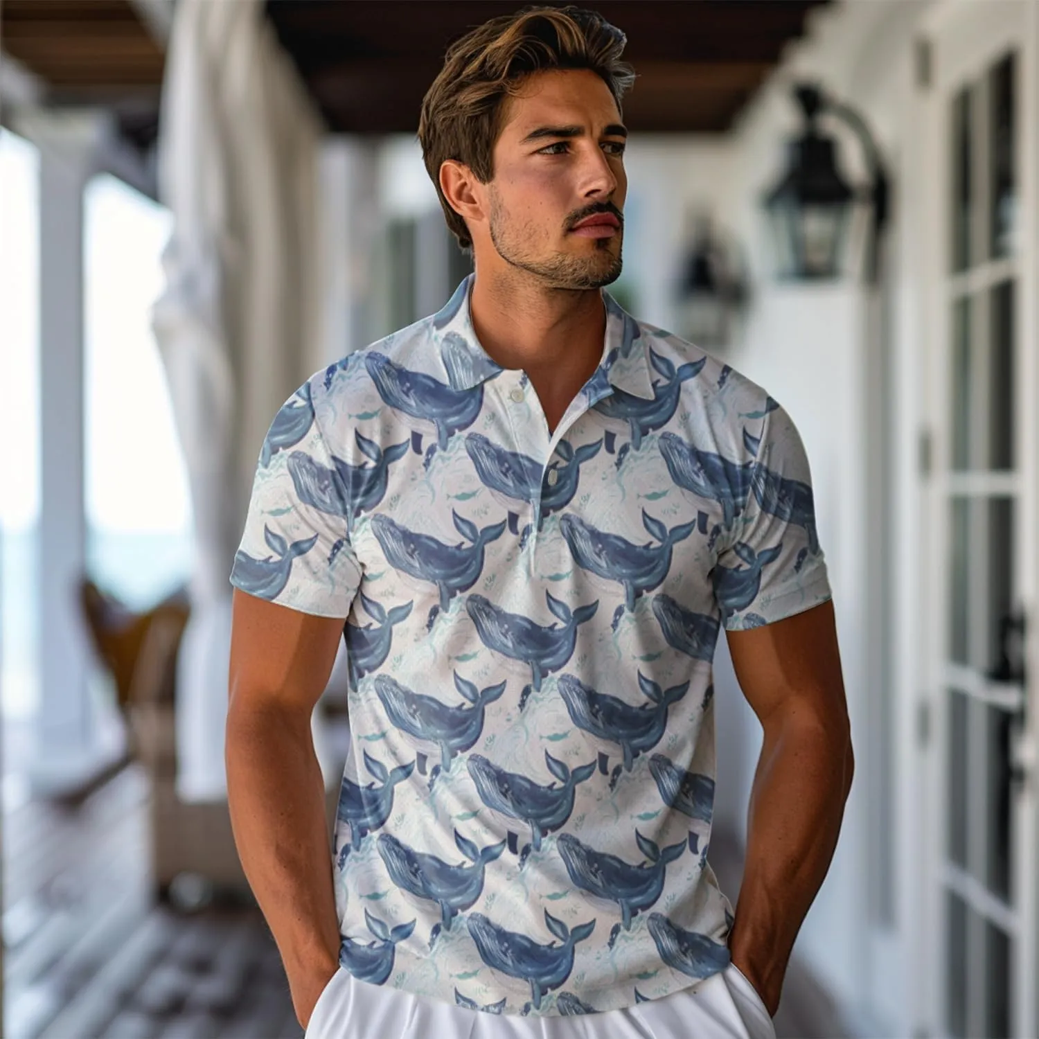 Whale Polo Shirts for Men - Marine Stylish Mens Goft Shirt Casual Short Sleeve Button Down Outfit Set 18