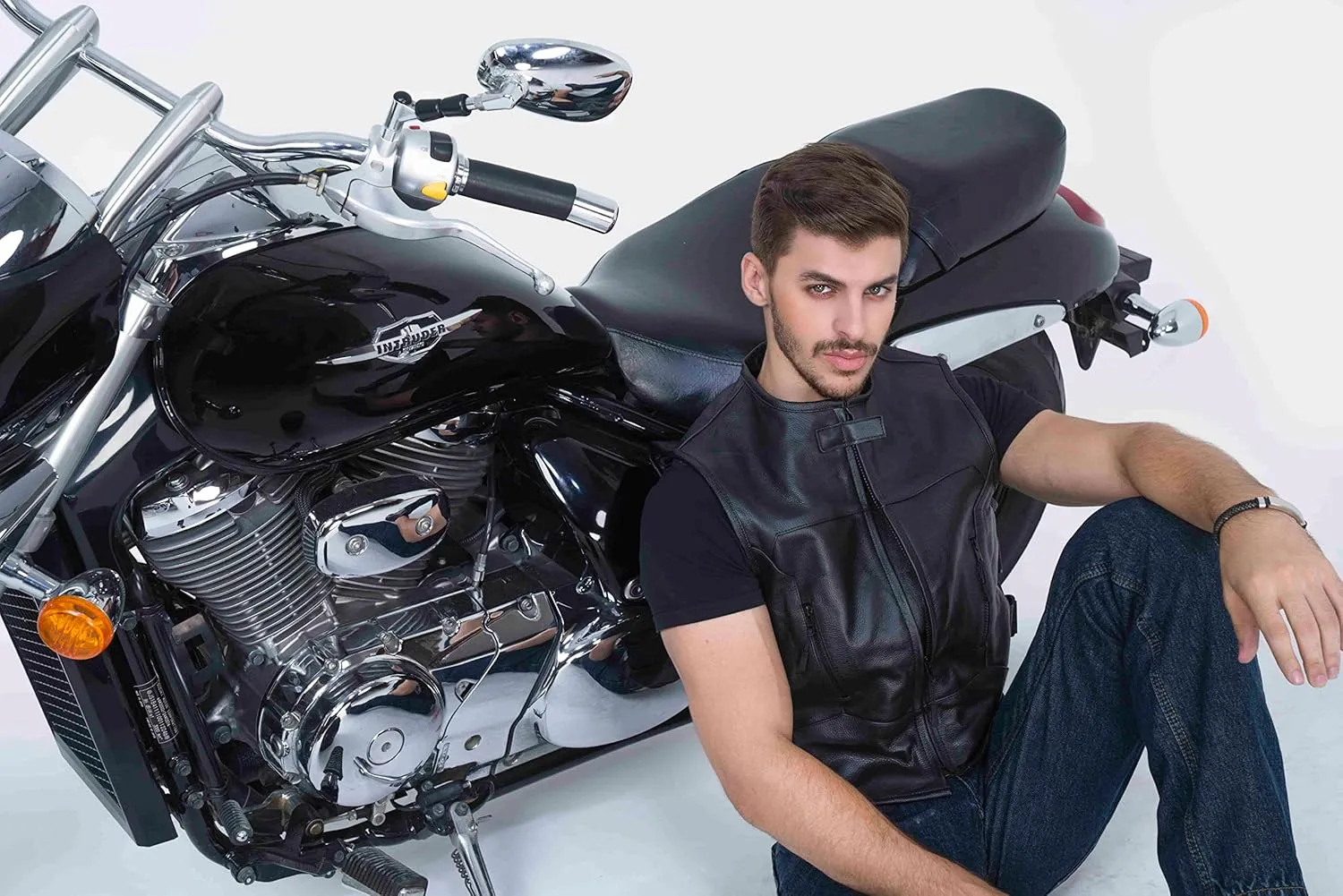 WICKED STOCK Leather Vest Men-Full Black leather Motorcycle Vests for Men - Bulletproof Style Motorcycle Vest- YKK Zippers