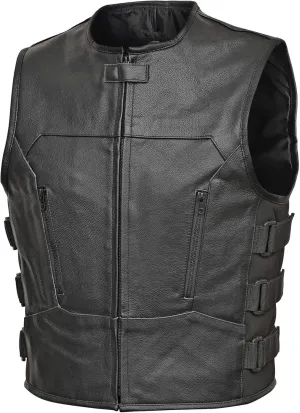 WICKED STOCK Leather Vest Men-Full Black leather Motorcycle Vests for Men - Bulletproof Style Motorcycle Vest- YKK Zippers