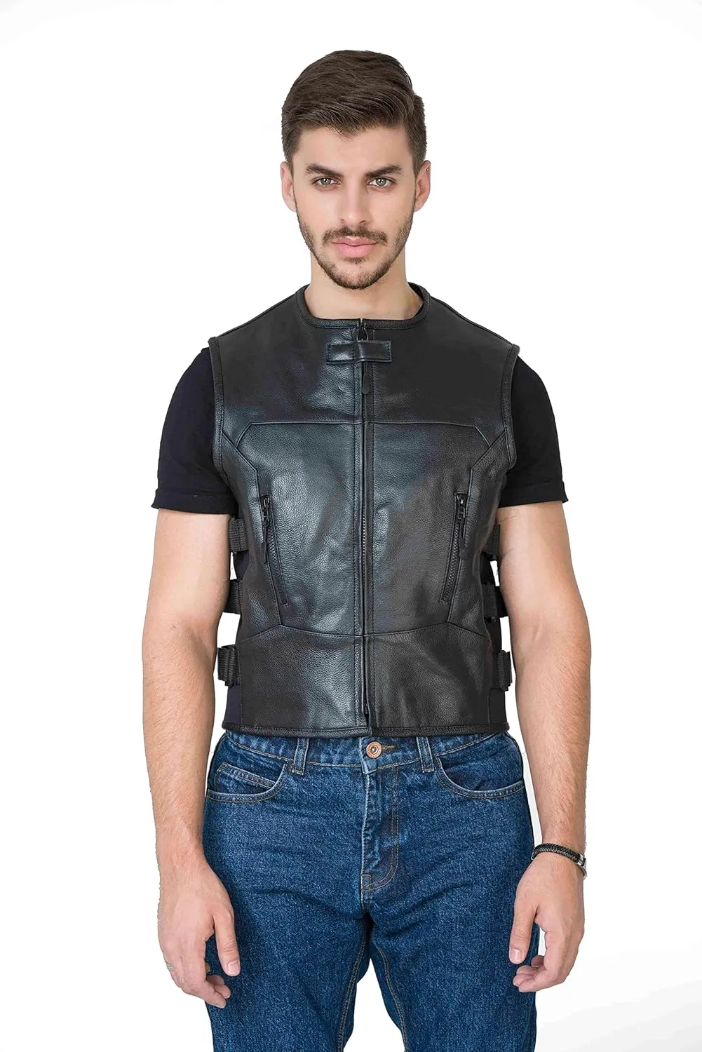 WICKED STOCK Leather Vest Men-Full Black leather Motorcycle Vests for Men - Bulletproof Style Motorcycle Vest- YKK Zippers