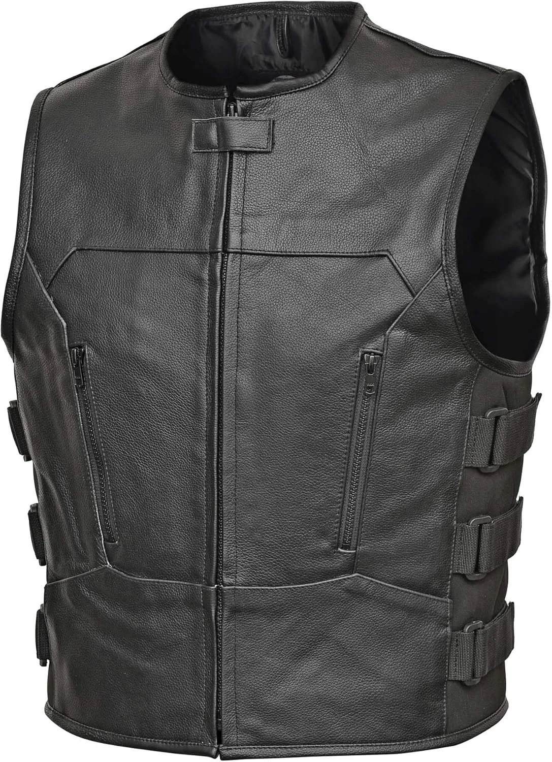 WICKED STOCK Leather Vest Men-Full Black leather Motorcycle Vests for Men - Bulletproof Style Motorcycle Vest- YKK Zippers