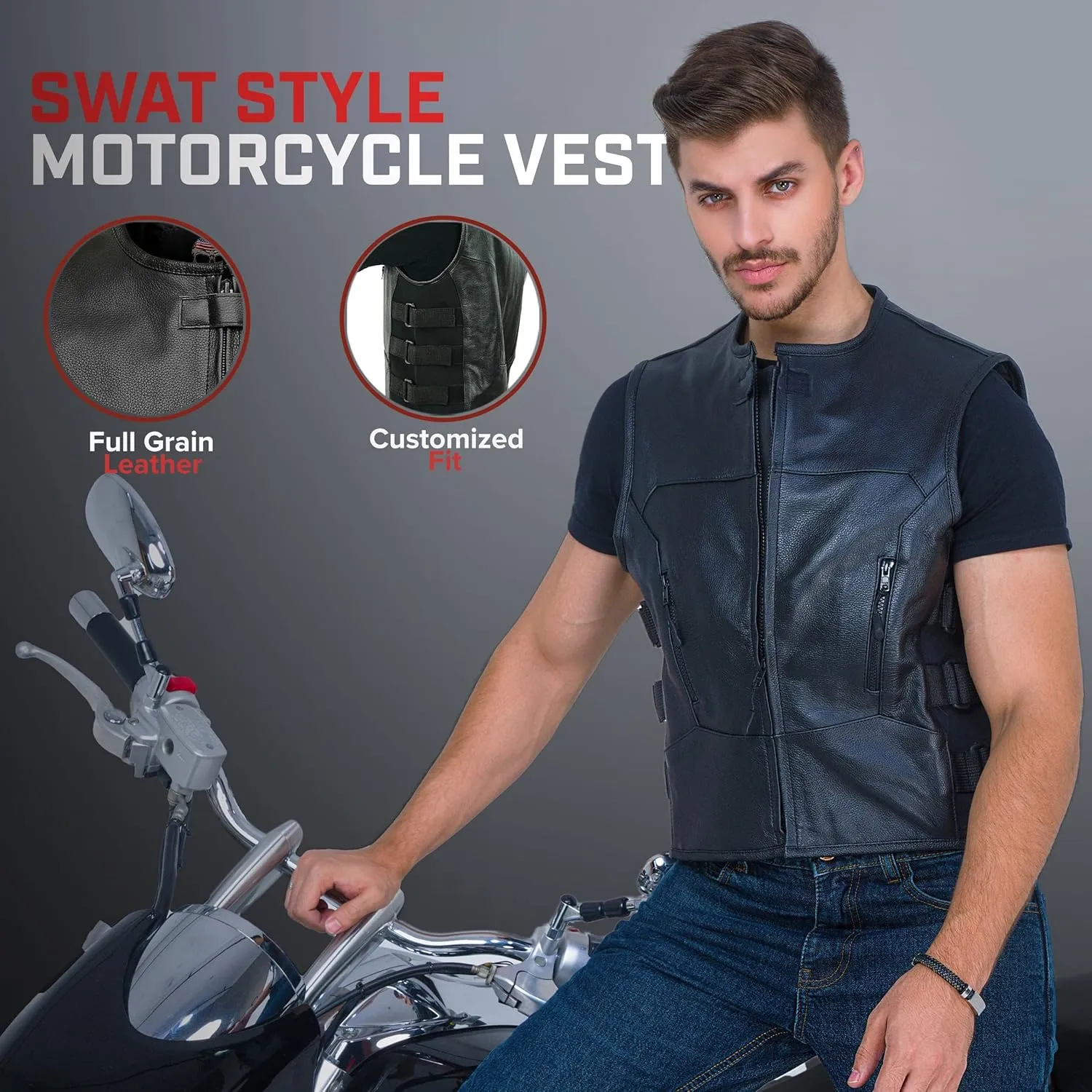 WICKED STOCK Leather Vest Men-Full Black leather Motorcycle Vests for Men - Bulletproof Style Motorcycle Vest- YKK Zippers