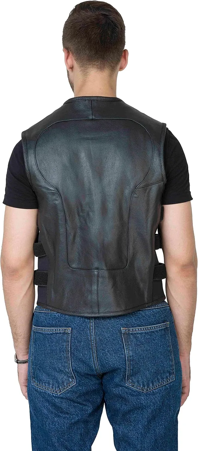 WICKED STOCK Leather Vest Men-Full Black leather Motorcycle Vests for Men - Bulletproof Style Motorcycle Vest- YKK Zippers