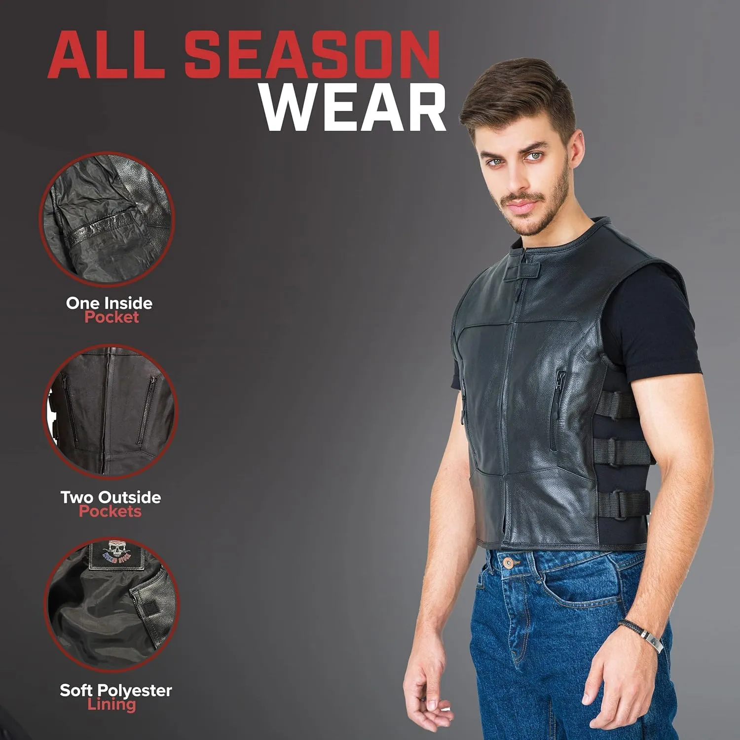 WICKED STOCK Leather Vest Men-Full Black leather Motorcycle Vests for Men - Bulletproof Style Motorcycle Vest- YKK Zippers