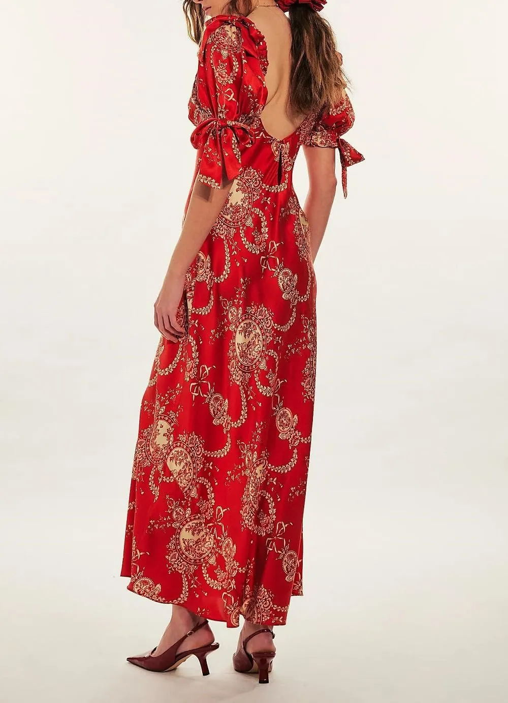 Woman Floral Puff Sleeve Maxi Dress Square Neck Ruffle Flowy Long Dresses Boho Tiered A Line Summer Sundress