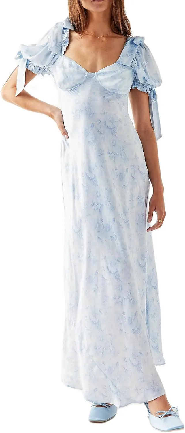 Woman Floral Puff Sleeve Maxi Dress Square Neck Ruffle Flowy Long Dresses Boho Tiered A Line Summer Sundress