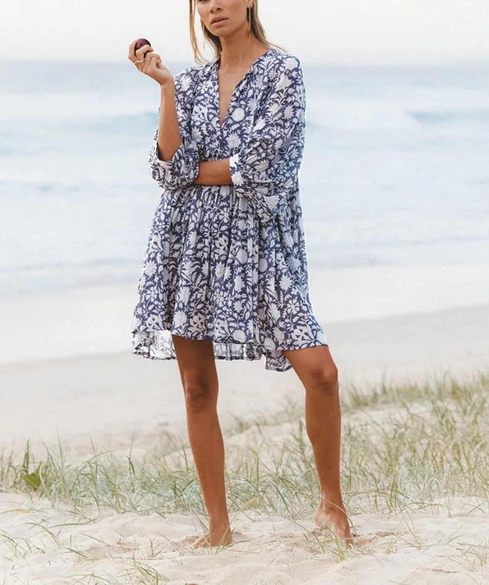 Women Bohemian Floral Short Dress Puff Sleeve Flowy Babydoll Dress Boho Loose Fit Shirt Dress Summer Mini Sundress