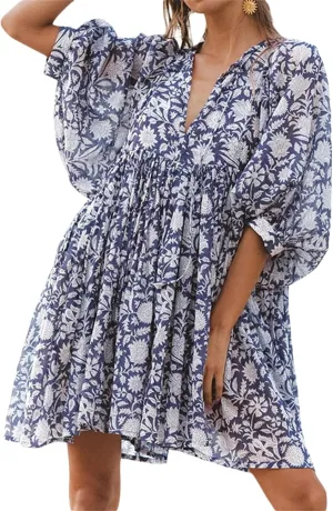 Women Bohemian Floral Short Dress Puff Sleeve Flowy Babydoll Dress Boho Loose Fit Shirt Dress Summer Mini Sundress