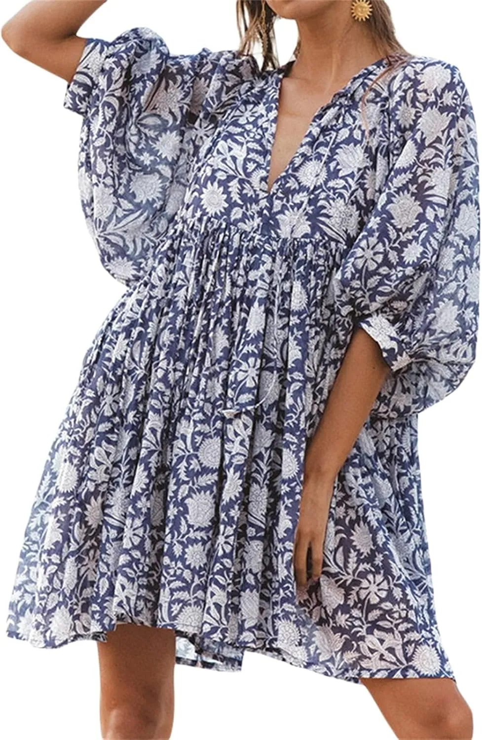 Women Bohemian Floral Short Dress Puff Sleeve Flowy Babydoll Dress Boho Loose Fit Shirt Dress Summer Mini Sundress