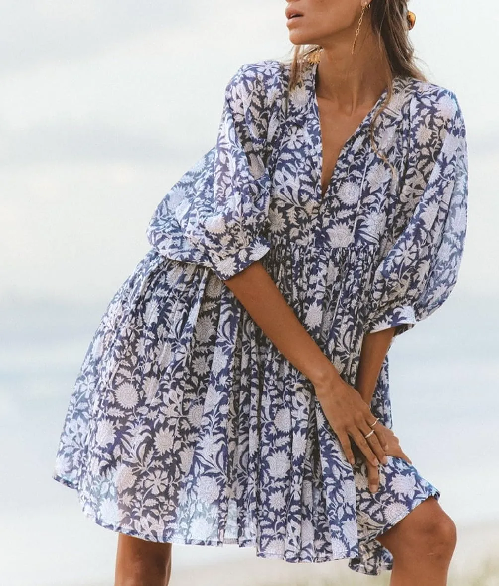 Women Bohemian Floral Short Dress Puff Sleeve Flowy Babydoll Dress Boho Loose Fit Shirt Dress Summer Mini Sundress