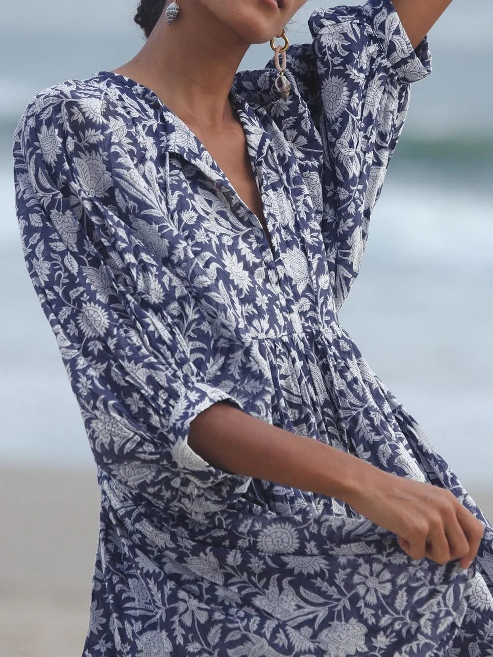Women Bohemian Floral Short Dress Puff Sleeve Flowy Babydoll Dress Boho Loose Fit Shirt Dress Summer Mini Sundress