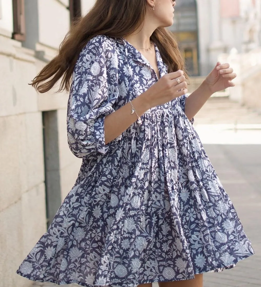 Women Bohemian Floral Short Dress Puff Sleeve Flowy Babydoll Dress Boho Loose Fit Shirt Dress Summer Mini Sundress