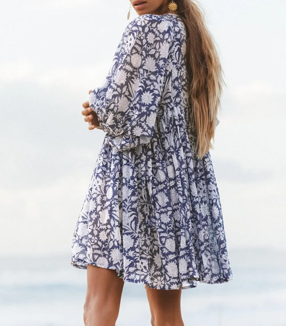 Women Bohemian Floral Short Dress Puff Sleeve Flowy Babydoll Dress Boho Loose Fit Shirt Dress Summer Mini Sundress