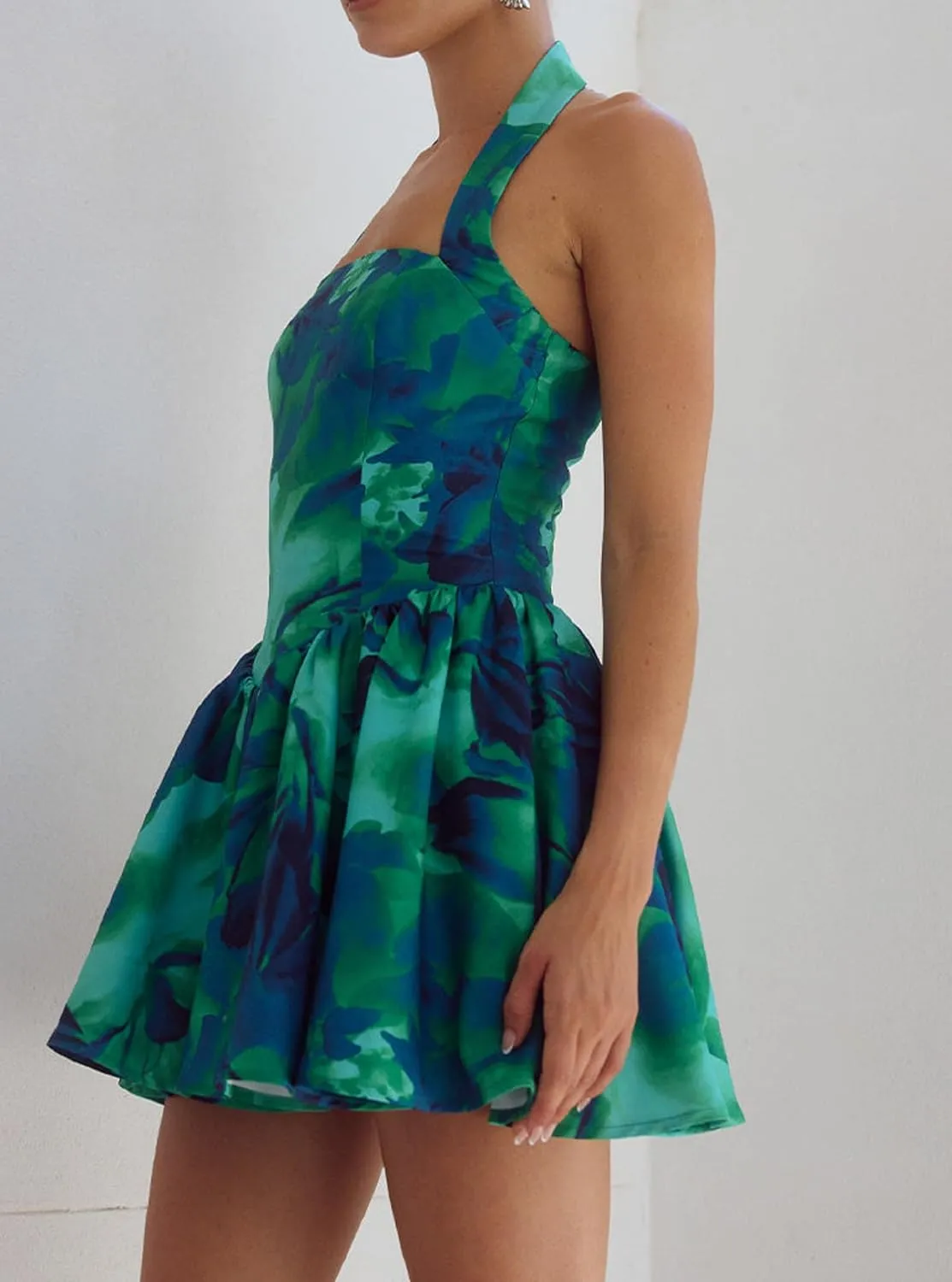 Women Boho Floral Cami Mini Dress Spaghetti Strap Printed A Line Short Dress Graffiti Cut Out Colorful Summer Dress