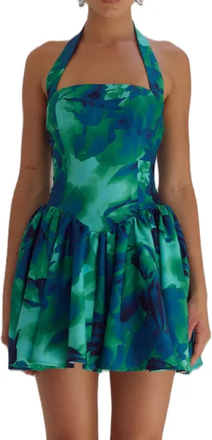 Women Boho Floral Cami Mini Dress Spaghetti Strap Printed A Line Short Dress Graffiti Cut Out Colorful Summer Dress