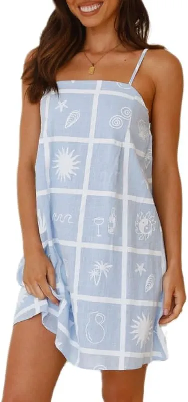 Women Boho Graffiti Cami Mini Dress Spaghetti Strap Printed A Line Short Dress Cute Colorful Sundress