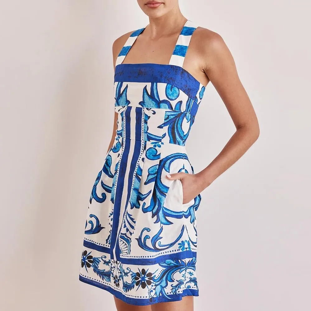 Women Boho Graphic Mini Dress Spaghetti Strap A Line Dress Graffiti Halter Dresses Colorful Summer Sundress