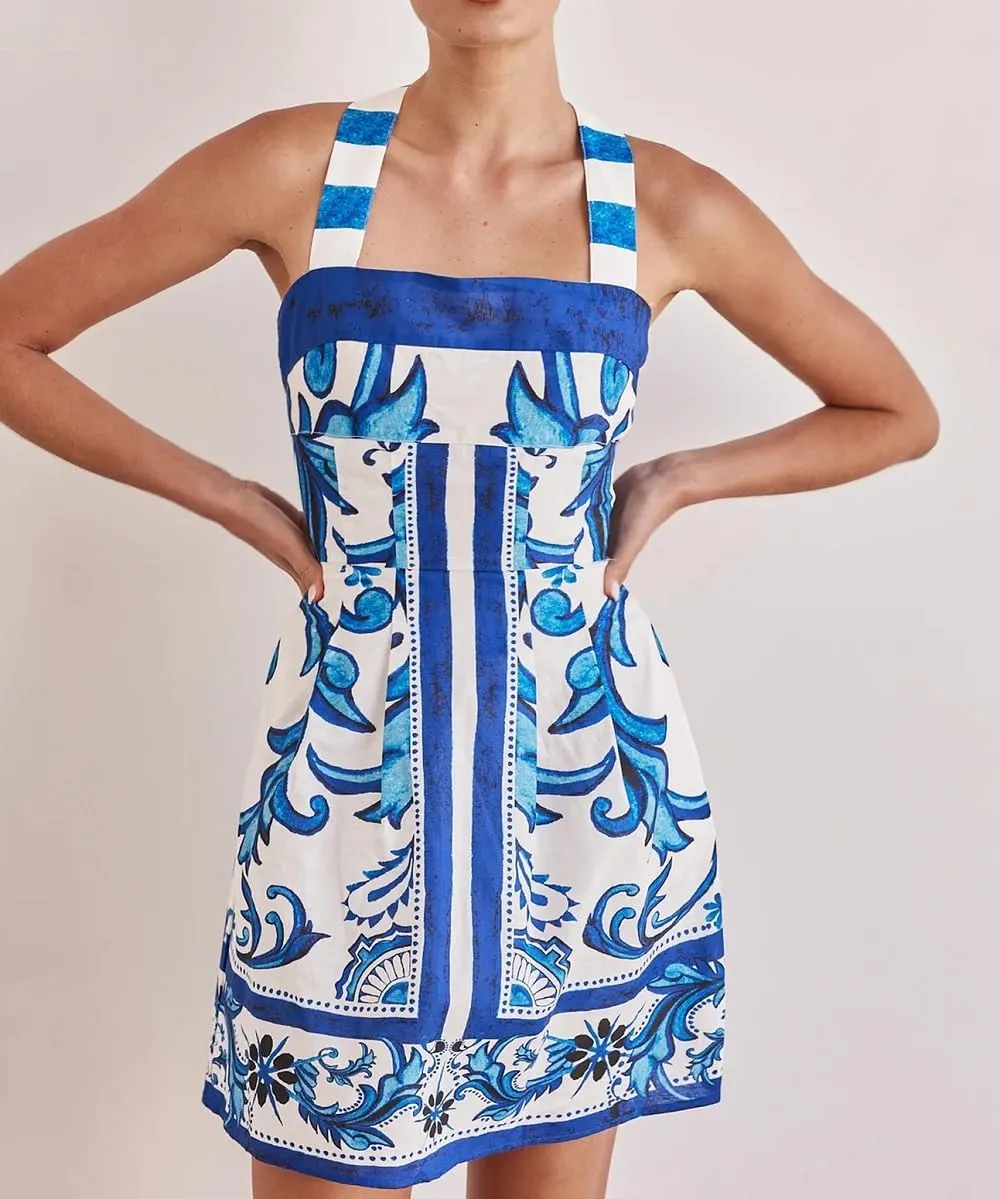 Women Boho Graphic Mini Dress Spaghetti Strap A Line Dress Graffiti Halter Dresses Colorful Summer Sundress