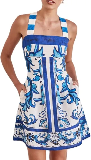 Women Boho Graphic Mini Dress Spaghetti Strap A Line Dress Graffiti Halter Dresses Colorful Summer Sundress