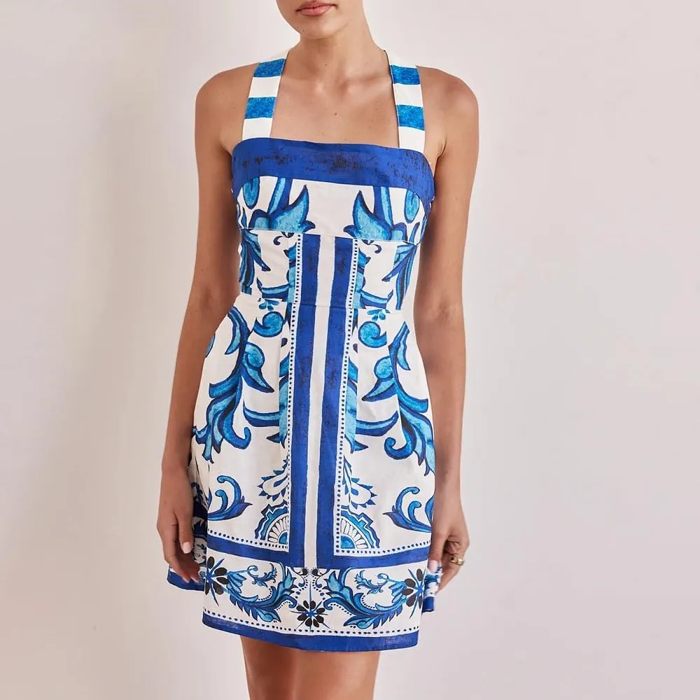Women Boho Graphic Mini Dress Spaghetti Strap A Line Dress Graffiti Halter Dresses Colorful Summer Sundress