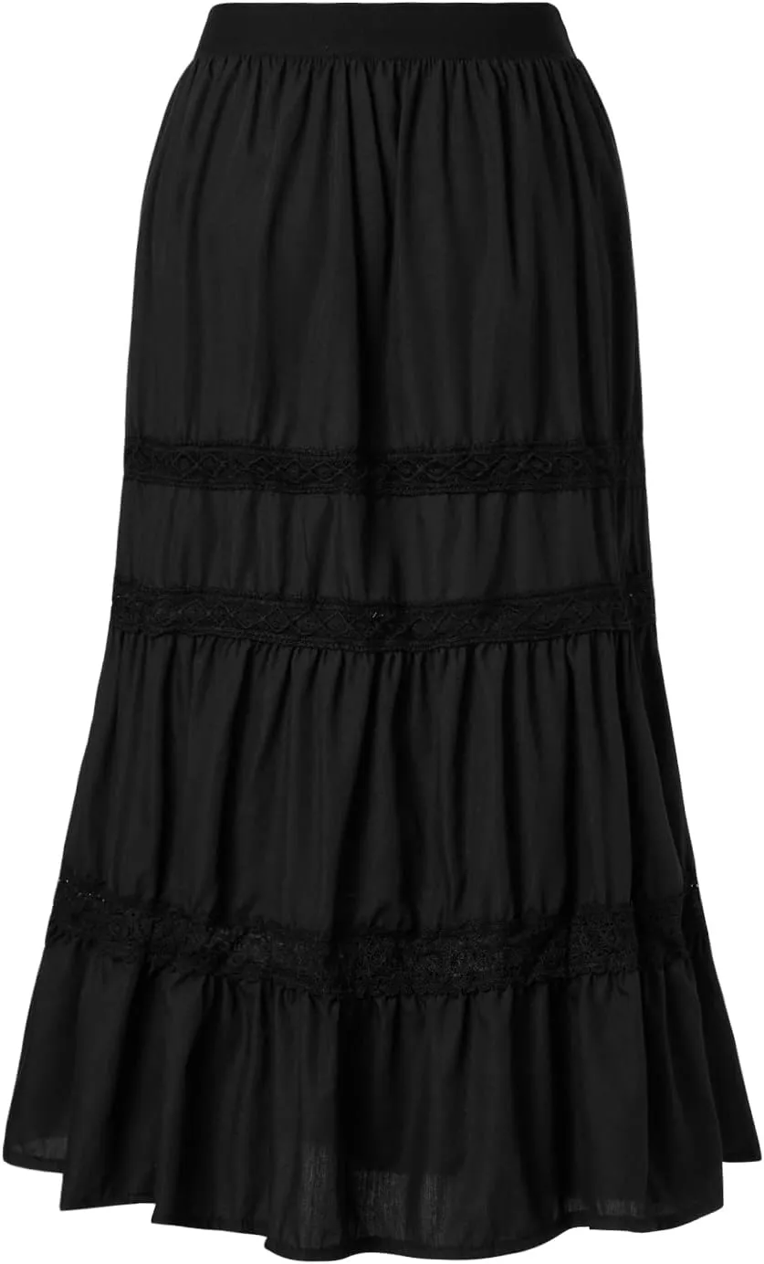 Women Casual Long Skirt Vintage High Waisted Lace Patchwork Beach Skirt A Line Flowy Maxi Skirt