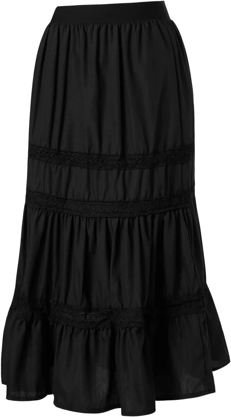 Women Casual Long Skirt Vintage High Waisted Lace Patchwork Beach Skirt A Line Flowy Maxi Skirt