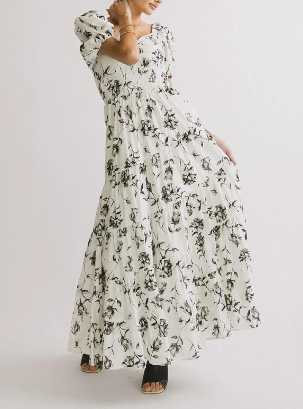 Women Floral Patchwork Puff Sleeve Maxi Dress Boho Square Neck Smocked Flowy Dress Y2k Tiered Ruffle Beach Sundress