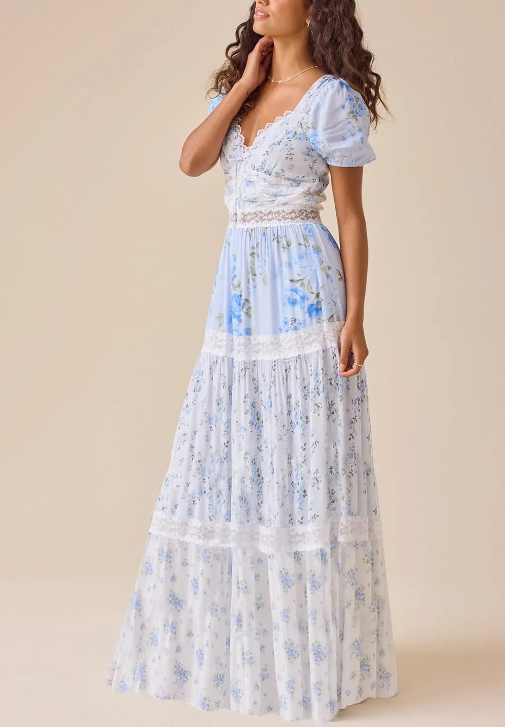 Women Floral Patchwork Puff Sleeve Maxi Dress Boho Square Neck Smocked Flowy Dress Y2k Tiered Ruffle Beach Sundress