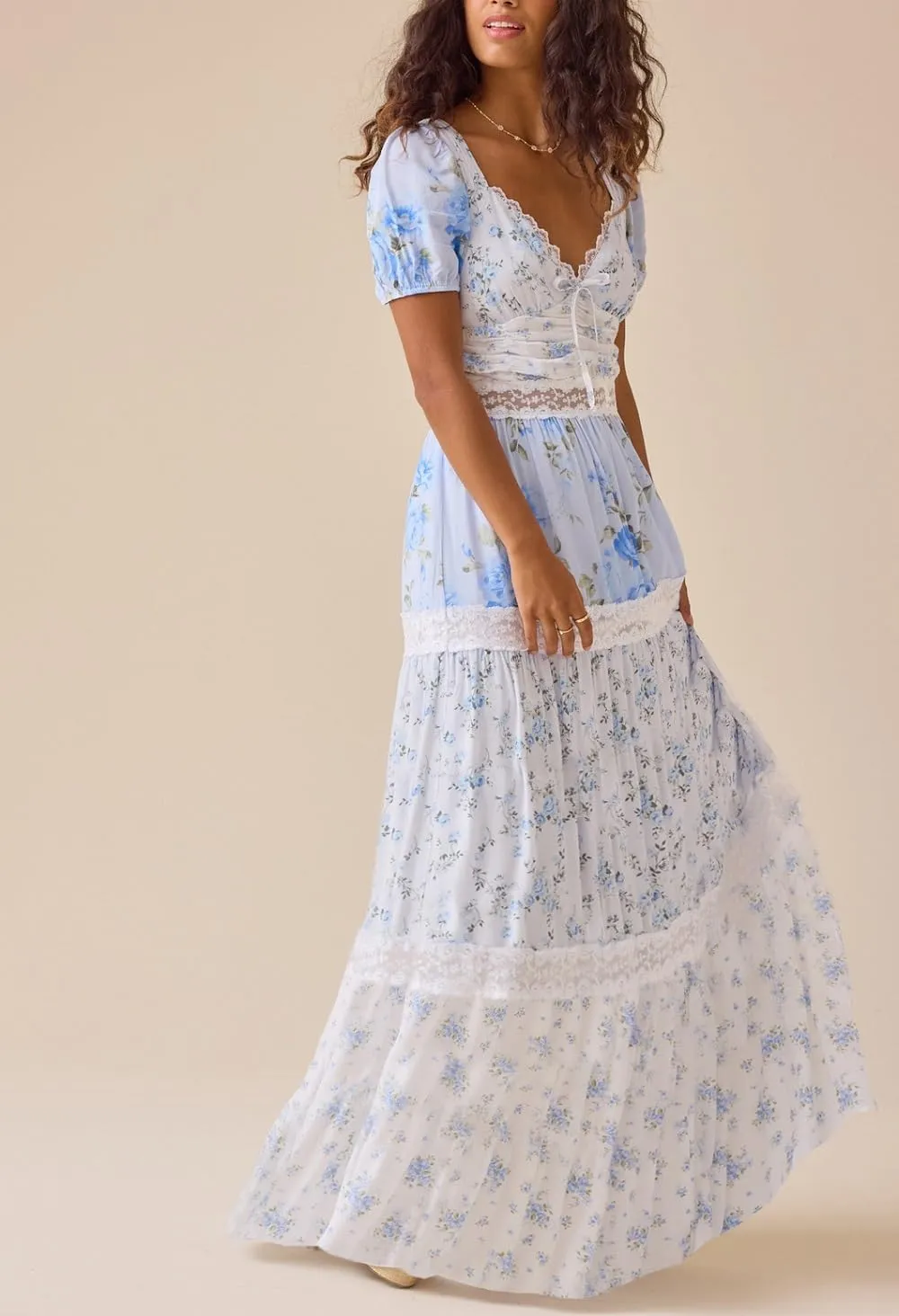 Women Floral Patchwork Puff Sleeve Maxi Dress Boho Square Neck Smocked Flowy Dress Y2k Tiered Ruffle Beach Sundress