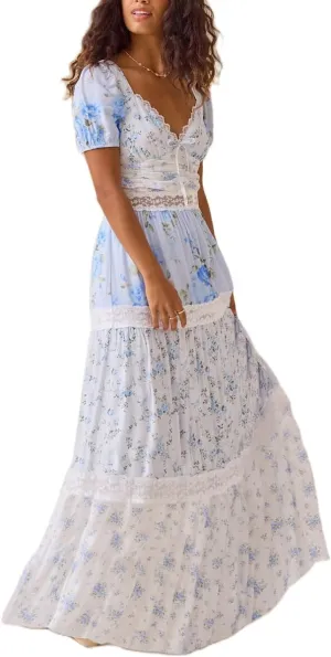 Women Floral Patchwork Puff Sleeve Maxi Dress Boho Square Neck Smocked Flowy Dress Y2k Tiered Ruffle Beach Sundress