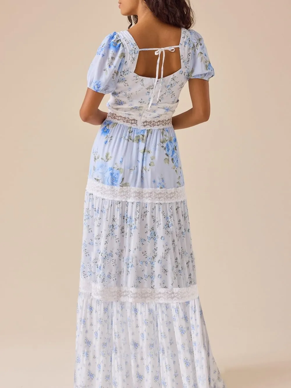 Women Floral Patchwork Puff Sleeve Maxi Dress Boho Square Neck Smocked Flowy Dress Y2k Tiered Ruffle Beach Sundress