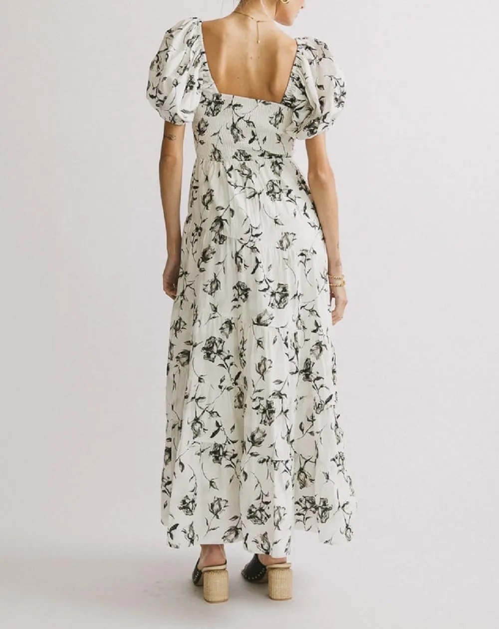 Women Floral Patchwork Puff Sleeve Maxi Dress Boho Square Neck Smocked Flowy Dress Y2k Tiered Ruffle Beach Sundress