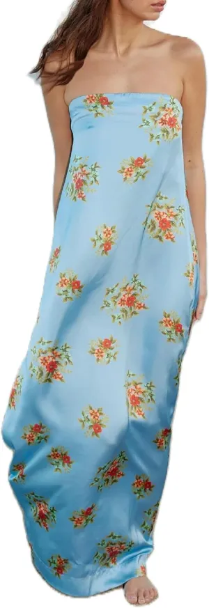 Women Floral Print Maxi Tube Dress Strapless Flowy Long Bandeau Dress Y2K Open Back Sundress Summer Beachwear