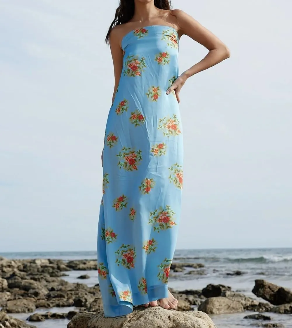 Women Floral Print Maxi Tube Dress Strapless Flowy Long Bandeau Dress Y2K Open Back Sundress Summer Beachwear