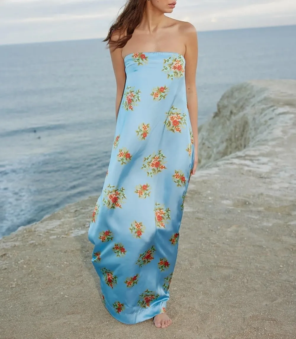 Women Floral Print Maxi Tube Dress Strapless Flowy Long Bandeau Dress Y2K Open Back Sundress Summer Beachwear