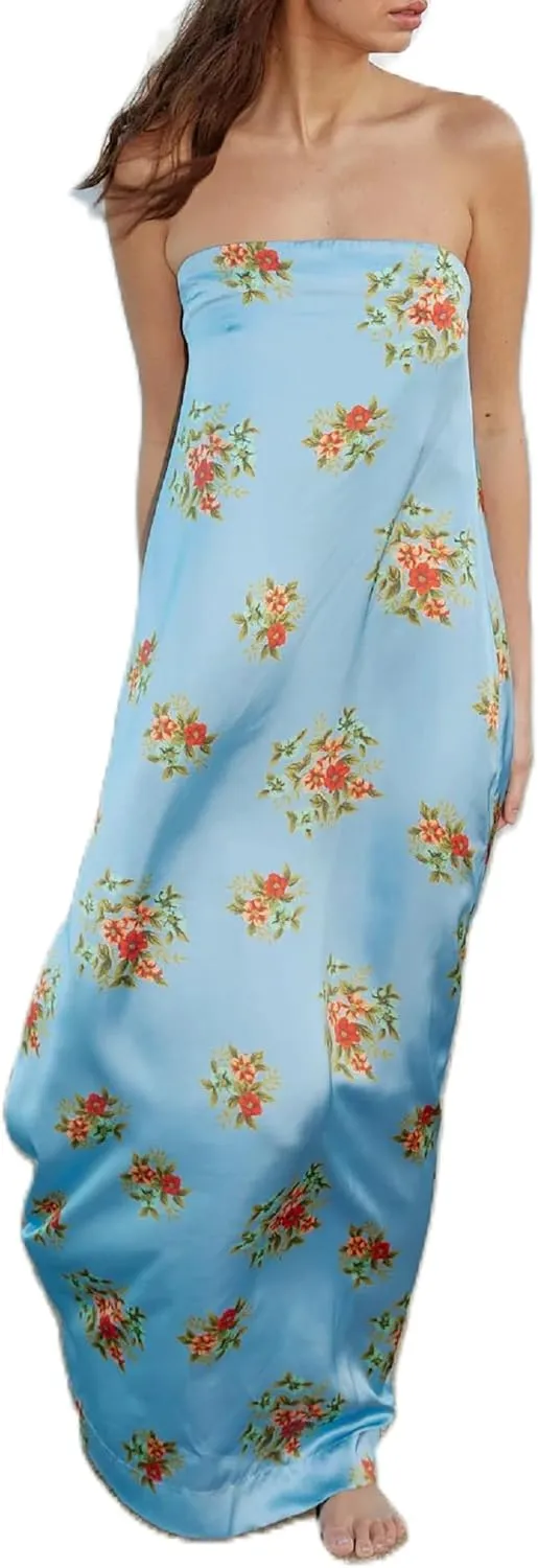 Women Floral Print Maxi Tube Dress Strapless Flowy Long Bandeau Dress Y2K Open Back Sundress Summer Beachwear