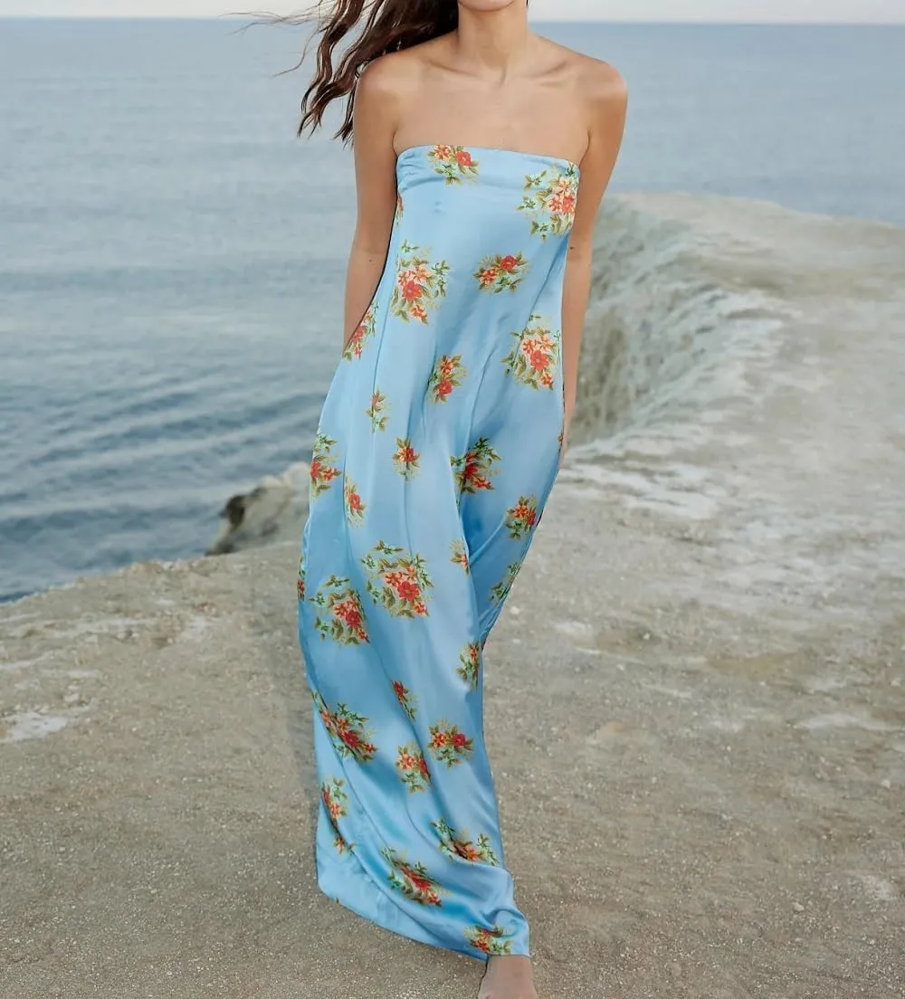Women Floral Print Maxi Tube Dress Strapless Flowy Long Bandeau Dress Y2K Open Back Sundress Summer Beachwear