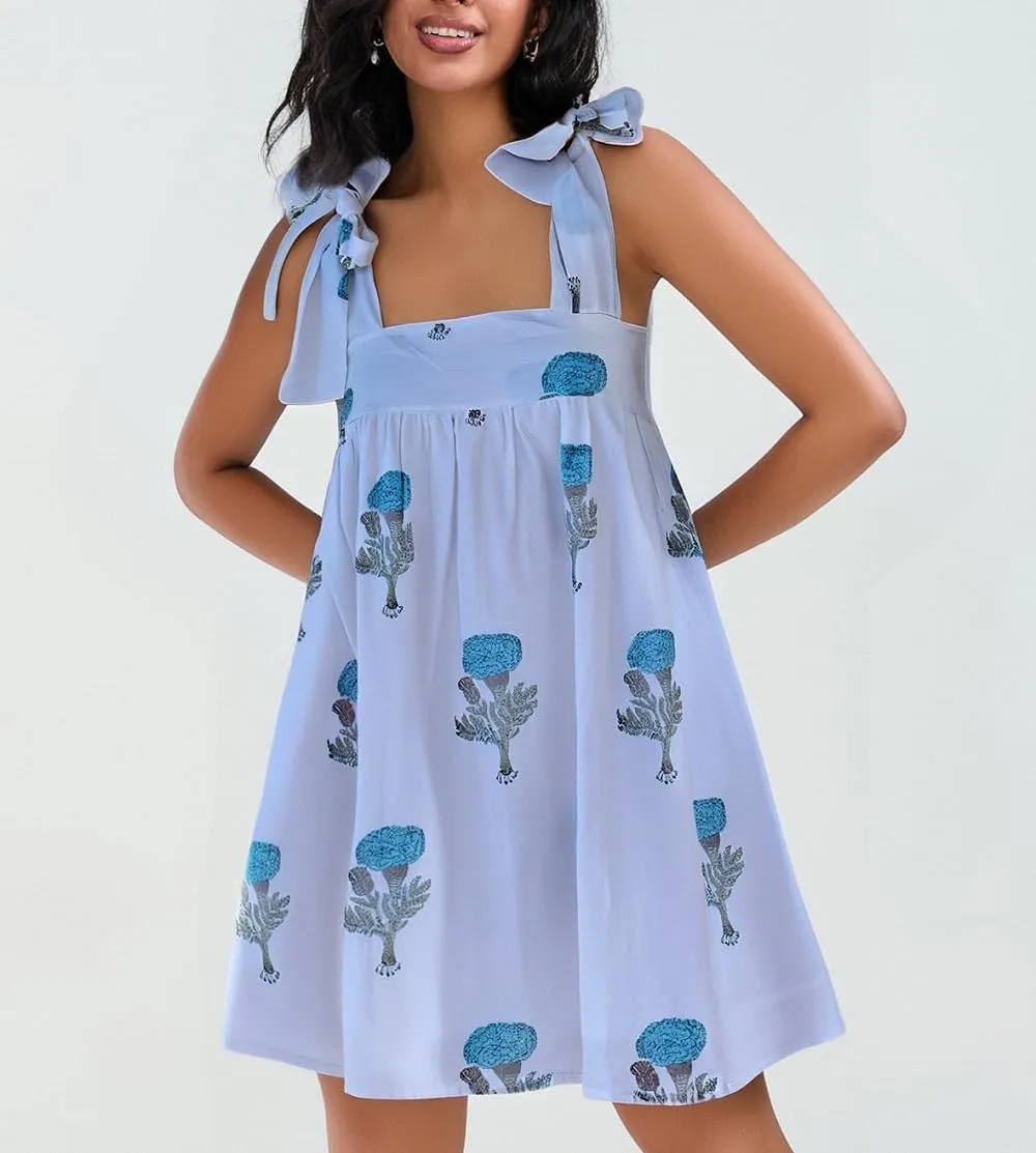 Women Floral Tie Shoulder Mini Dress Bow Square Neck Babydoll Dress Boho Flowy Sundress Summer Going Out Dres