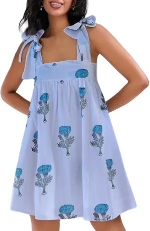 Women Floral Tie Shoulder Mini Dress Bow Square Neck Babydoll Dress Boho Flowy Sundress Summer Going Out Dres