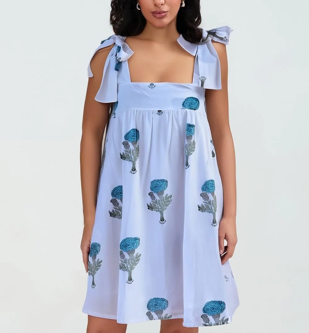 Women Floral Tie Shoulder Mini Dress Bow Square Neck Babydoll Dress Boho Flowy Sundress Summer Going Out Dres
