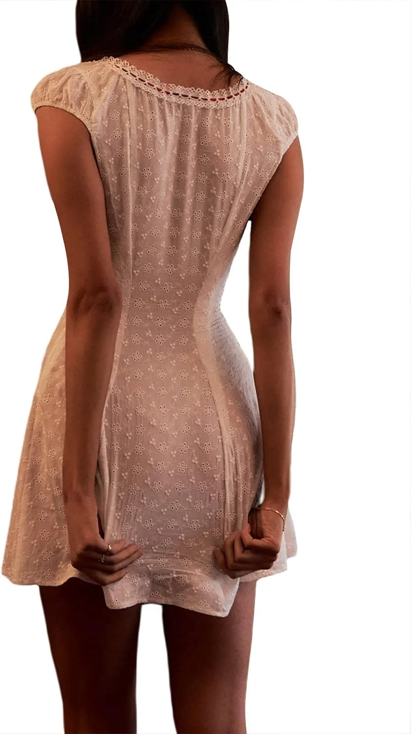 Women Hollow Out Eyelet Lace Mini Dress Short Puff Sleeve Tie Up A-Line Dress Y2k Strap Ruffle Flowy Short Dress