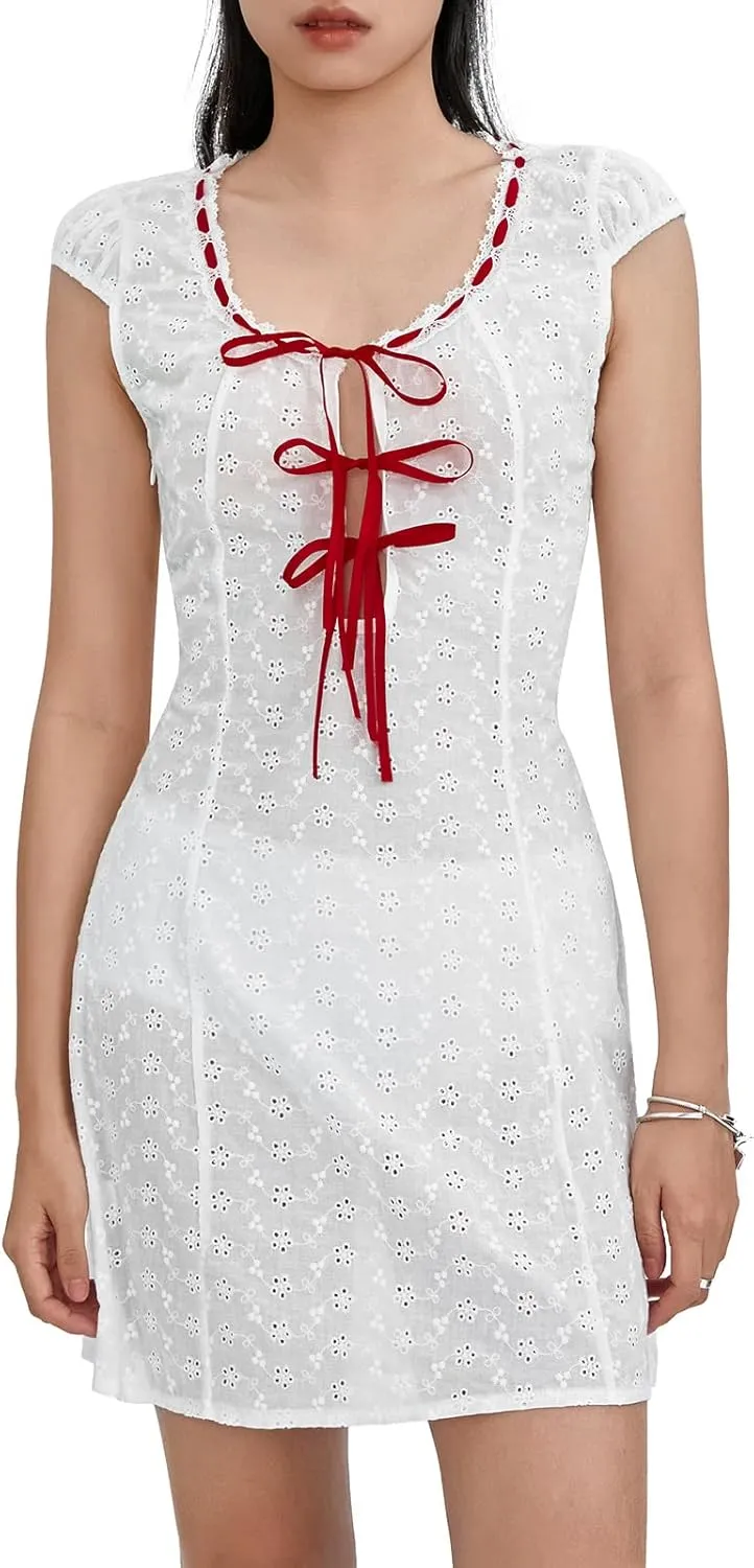Women Hollow Out Eyelet Lace Mini Dress Short Puff Sleeve Tie Up A-Line Dress Y2k Strap Ruffle Flowy Short Dress