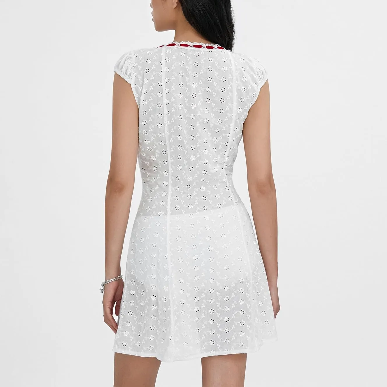Women Hollow Out Eyelet Lace Mini Dress Short Puff Sleeve Tie Up A-Line Dress Y2k Strap Ruffle Flowy Short Dress