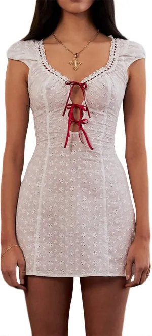 Women Hollow Out Eyelet Lace Mini Dress Short Puff Sleeve Tie Up A-Line Dress Y2k Strap Ruffle Flowy Short Dress