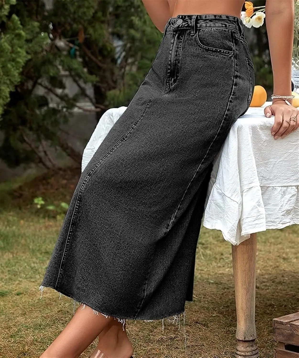 Women Long Denim Skirts Trend High Waist Frayed Hem A Line Jeans Dress Casual Fascinating Slim Fit Pencil Skirts