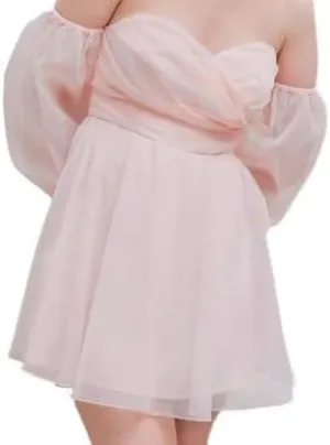 Women Off The Shoulder Pink Mini Ruffled Fluffy Casual Cocktail Dresses Girl's Mesh Party Wedding Babydoll Dress