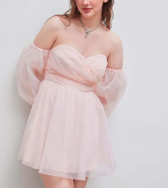 Women Off The Shoulder Pink Mini Ruffled Fluffy Casual Cocktail Dresses Girl's Mesh Party Wedding Babydoll Dress
