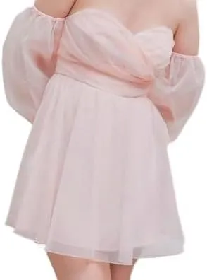 Women Off The Shoulder Pink Mini Ruffled Fluffy Casual Cocktail Dresses Girl's Mesh Party Wedding Babydoll Dress